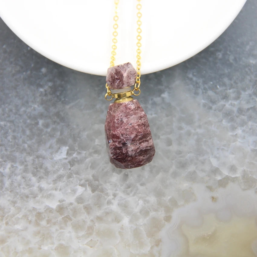 Natural Obsidian Faceted Perfume Bottle Pendants Necklaces,Pink Tourmaline Quartz Essential Oil Diffuser Vial Charms Jewelry - AMULET RING STORE