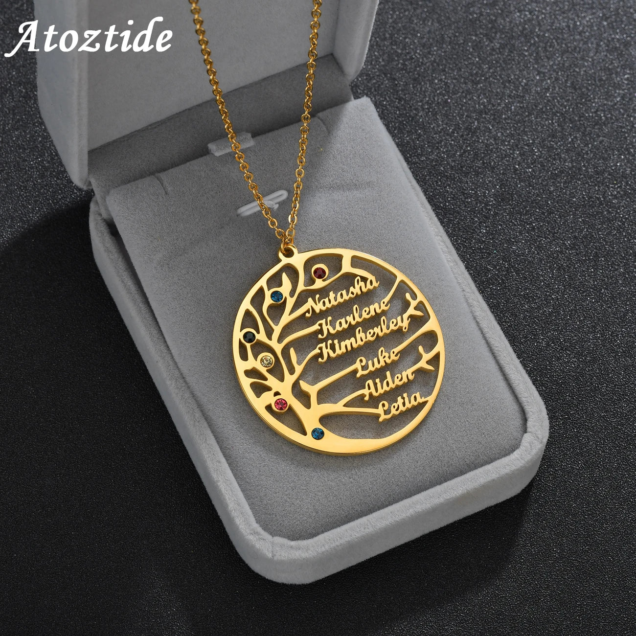 Life Tree Family 1-6 Names Necklace Personalized Stainless Steel Summer Nameplate with Birthstone For Women Men Birthday Gift
