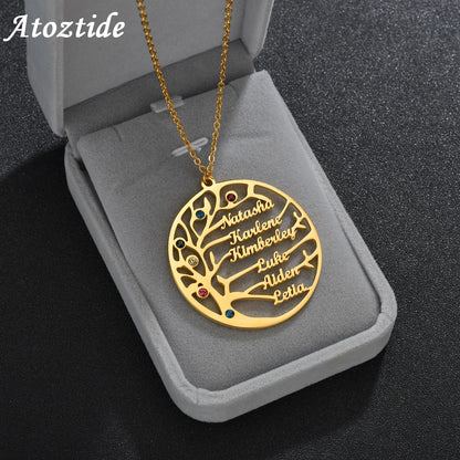 Life Tree Family 1-6 Names Necklace Personalized Stainless Steel Summer Nameplate with Birthstone For Women Men Birthday Gift