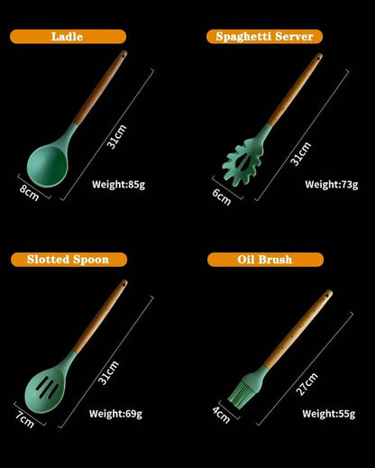 Silicone Kitchenware Cooking Utensils Set Non-stick Cookware Spatula Shovel Egg Beaters Wooden Handle Kitchen Cooking Tool Set