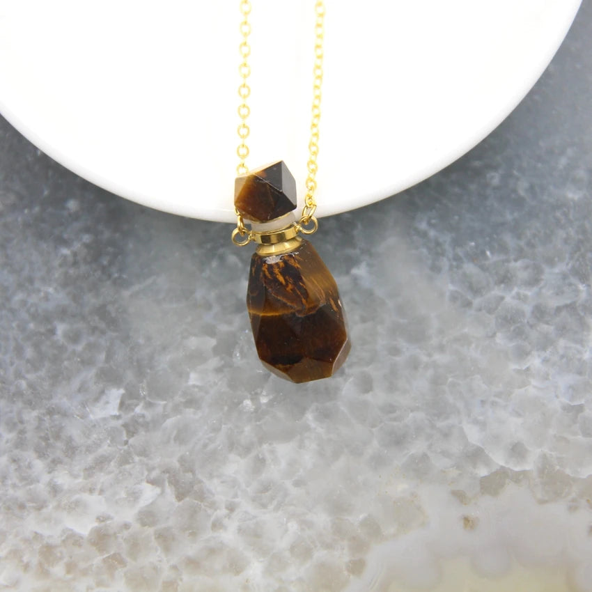 Natural Obsidian Faceted Perfume Bottle Pendants Necklaces,Pink Tourmaline Quartz Essential Oil Diffuser Vial Charms Jewelry - AMULET RING STORE