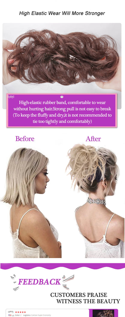 XIYUE Synthetic Messy Hair Bun Tousled Hairpiece Elastic Band Chignon Curly Scrunchie Updo Cover Hair Tail for Women Pink - AMULET RING STORE