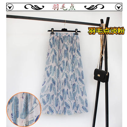 Women Summer Boho Chiffon Long Skirt Elegant Floral Print Pleated Skirts Elastic High Waist Casual Midi Skirt Women Clothes 2021