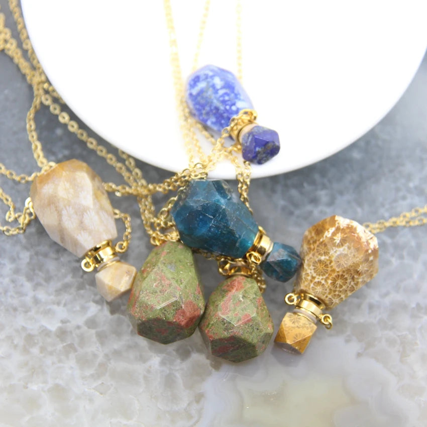 Natural Quartz Faceted Perfume Bottle Pendants Memorial Jewelry,Healing Gems Essential Oil Diffuser Vial Necklace,Women Gift - AMULET RING STORE