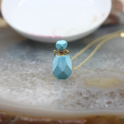 Natural Obsidian Faceted Perfume Bottle Pendants Necklaces,Pink Tourmaline Quartz Essential Oil Diffuser Vial Charms Jewelry - AMULET RING STORE