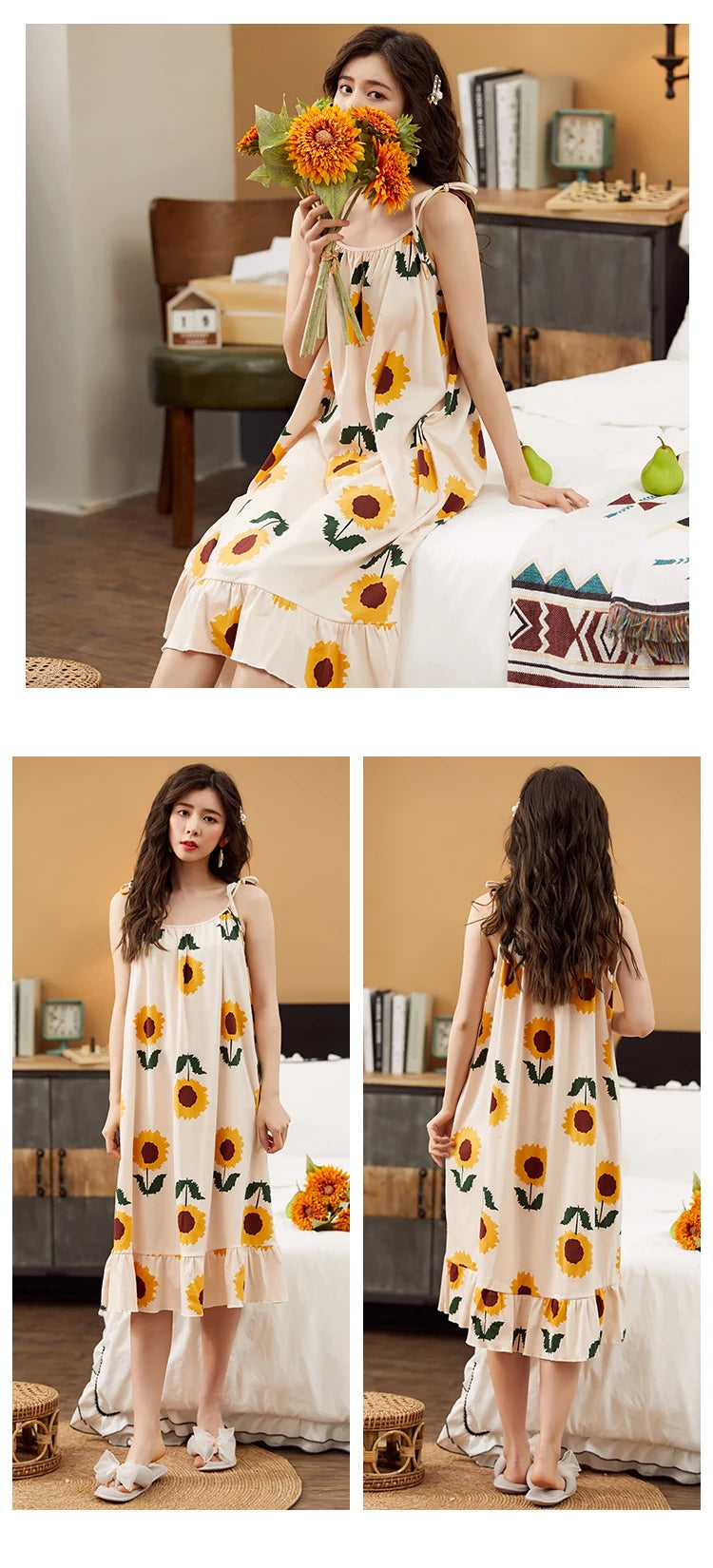 Women Nightgowns Cotton Night Dress Sexy Spaghetti Strap V-Neck Casual Home Dress Night Shirt Floral Print Sleepwear Nightwear - AMULET RING STORE