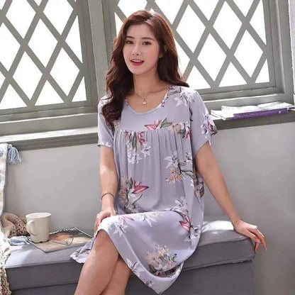 Women summer cotton nightgowns short-sleeved Korean loose big yards 4XL fit 100 kg nightshirt female floral print night dress