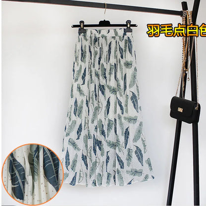 Women Summer Boho Chiffon Long Skirt Elegant Floral Print Pleated Skirts Elastic High Waist Casual Midi Skirt Women Clothes 2021