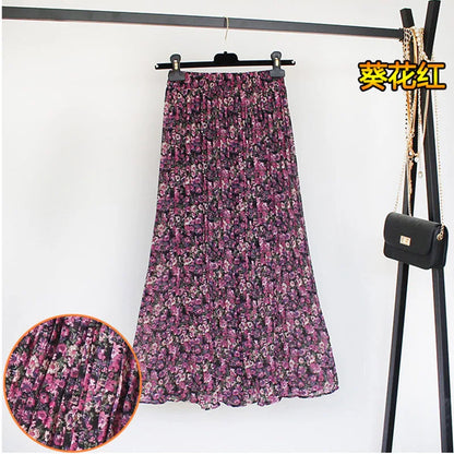 Women Summer Boho Chiffon Long Skirt Elegant Floral Print Pleated Skirts Elastic High Waist Casual Midi Skirt Women Clothes 2021