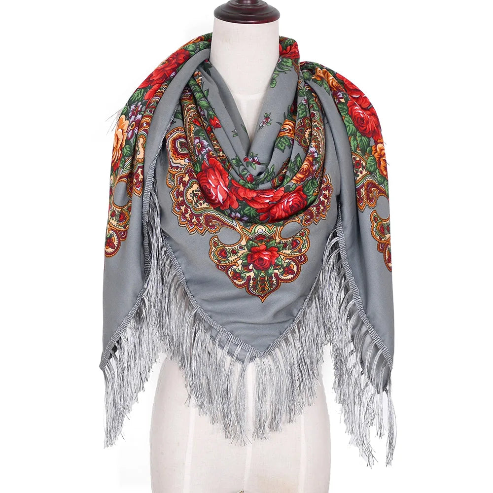Russian Scarf Head Wrap for Women Luxury Ukrainian Manila Shawls Folk Cotton 160cm National Shawl Floral Print Travel Bandana - AMULET RING STORE