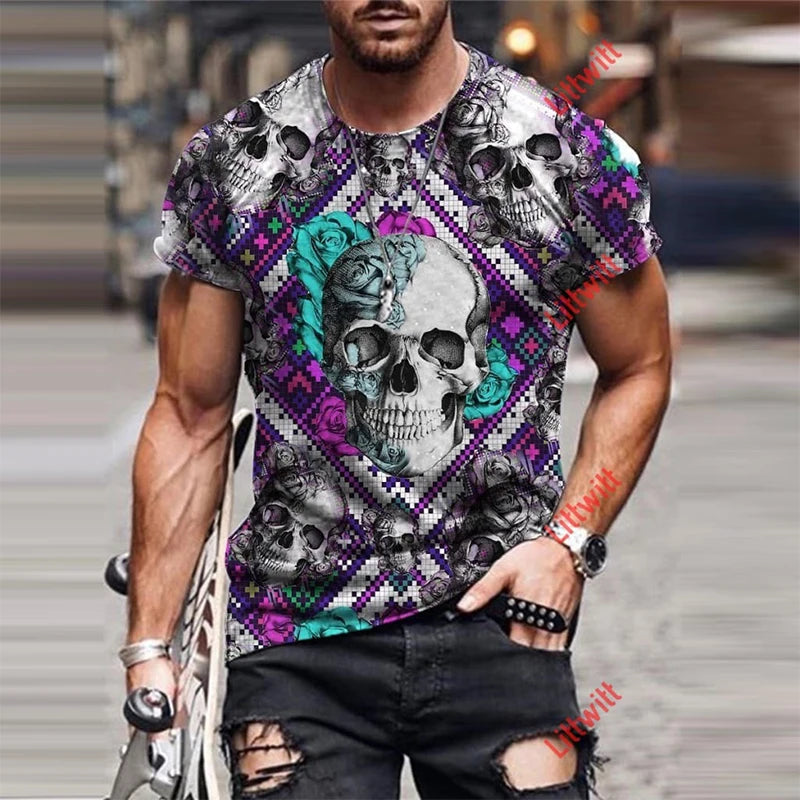 Personality 3D Printing Men's T-Shirt Skull Pattern for Men Demon Streetwear Handsome O-Neck Short Sleeves Casual Tshirt Top Tee - AMULET RING STORE