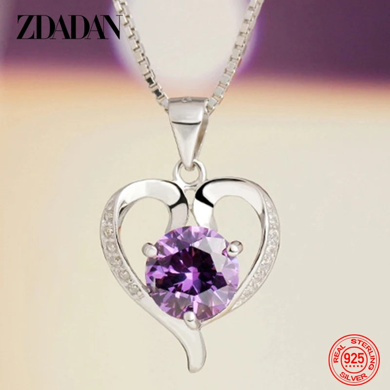 ZDADAN 925 Sterling Silver Heart Crystal Necklace For Women Fashion Jewelry Accessories
