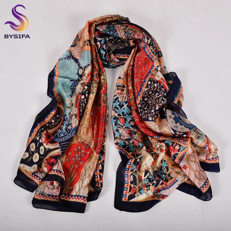 [BYSIFA] Navy Blue Chinese Roses Women Scarves Fall Winter Utrlong Top Grade Brand Trendy Silk Letters Long Scarf Shawl Wrap - AMULET RING STORE
