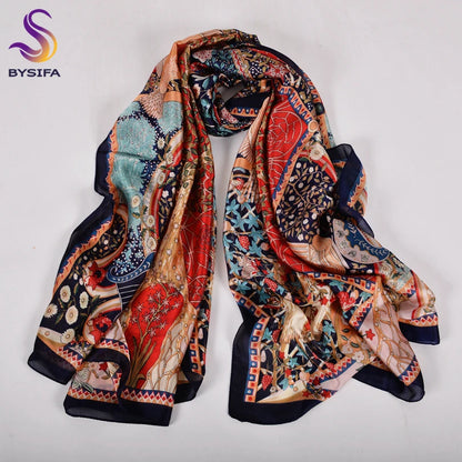 [BYSIFA] Navy Blue Chinese Roses Women Scarves Fall Winter Utrlong Top Grade Brand Trendy Silk Letters Long Scarf Shawl Wrap - AMULET RING STORE