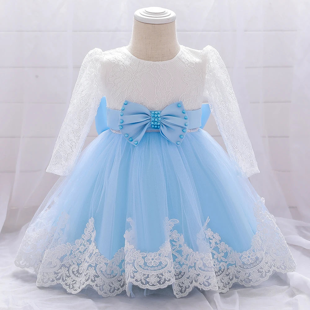 Newborn Long Sleeve Baby Girl Dresses Party Wedding Girl Lace Big Bow Dresses Infant Girl 1st Birthday Princess Baptism Dress