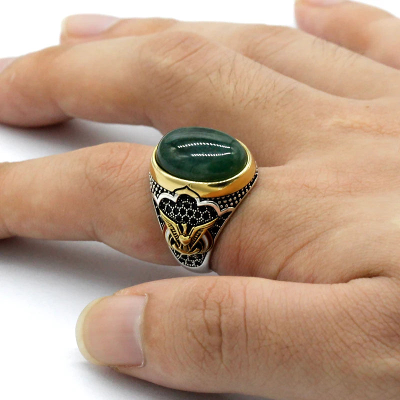 Turkey Jewelry Men Ring with Green Natural Agate Stone 925 Sterling Silver Vintage Eagle CZ Enamel Gold Ring for Women Male Gift