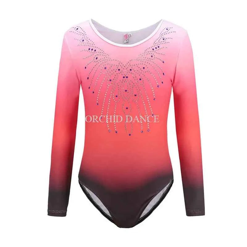 Hot Sale Cheap Kids Girls Child Pink Blue Purple Rhinestones Long Sleeve Leotards Gymnastics for sale