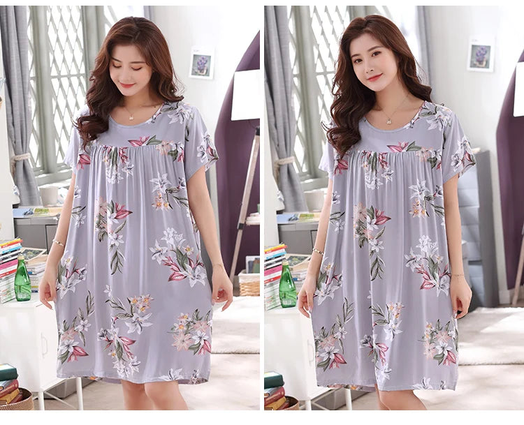 Women summer cotton nightgowns short-sleeved Korean loose big yards 4XL fit 100 kg nightshirt female floral print night dress