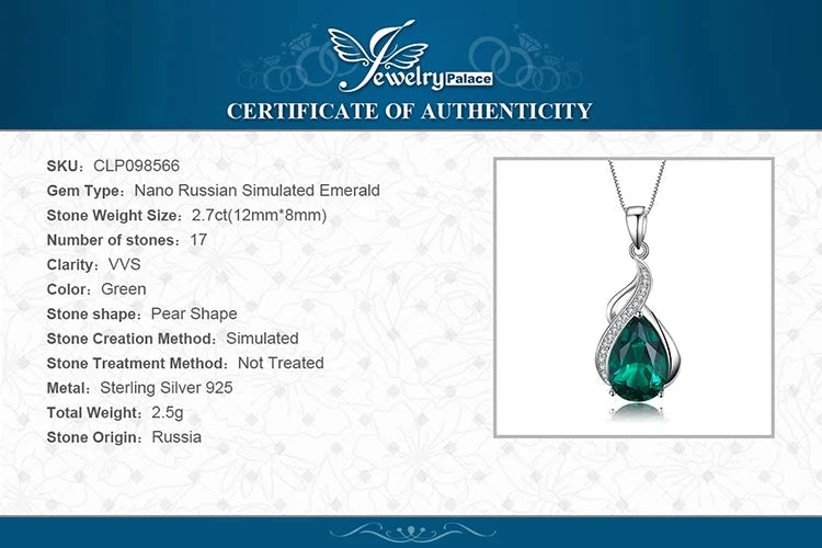 JewelryPalace 2.7ct Simulated Nano Emerald 925 Sterling Silver Pendant Necklace for Woman No Chain - AMULET RING STORE