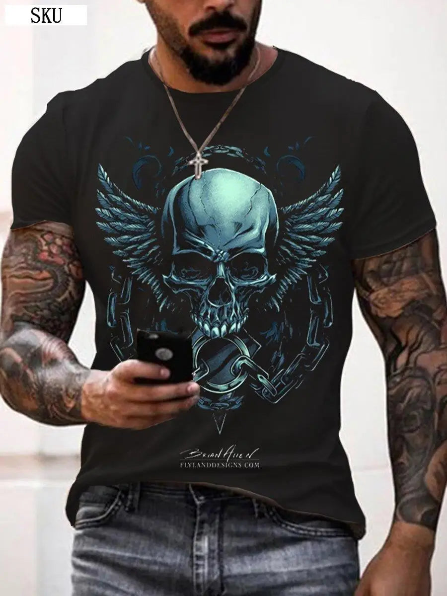 Personality 3D Printing Men's T-Shirt Skull Pattern for Men Demon Streetwear Handsome O-Neck Short Sleeves Casual Tshirt Top Tee - AMULET RING STORE