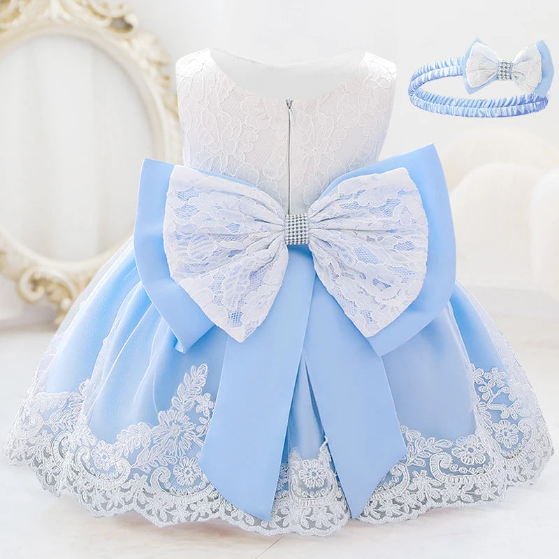 Infant White Pink First 1st Birthday Dress For Baby Girl Costume Big Bow Princess Baptism Girls Dresses Party Dress Child