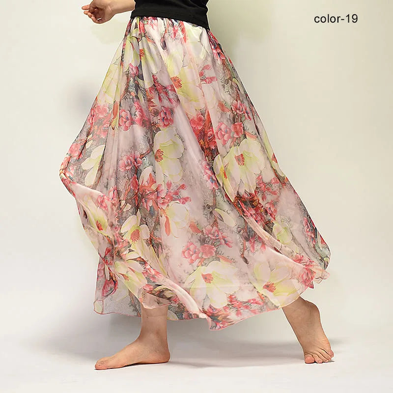 New Fashion 2025 Women's BOHO Elegant Florals Print Chiffon Long Skirt Ladies Slim High-Waist Elastic Waist Pleated Skirts SK15