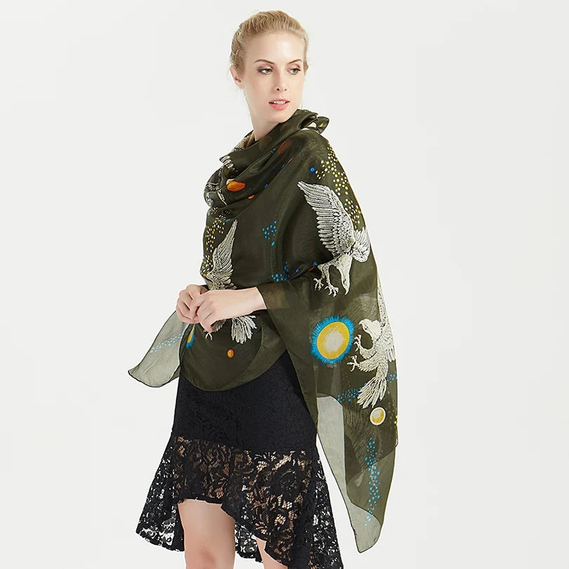 Brand Beige Cartoon Cat 100% Silk Scarf Shawl Bufanda Women Spring Fall Fashion Large Size Winter Long Scarves Bufanda 180*110cm