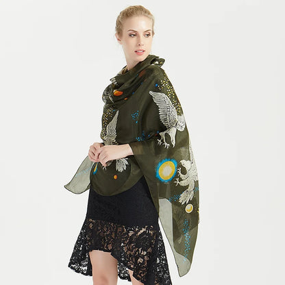 Brand Beige Cartoon Cat 100% Silk Scarf Shawl Bufanda Women Spring Fall Fashion Large Size Winter Long Scarves Bufanda 180*110cm