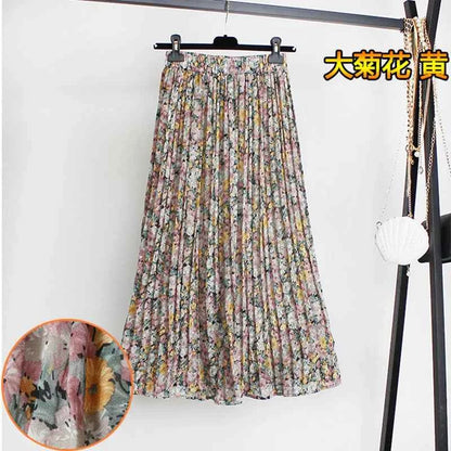 Women Summer Boho Chiffon Long Skirt Elegant Floral Print Pleated Skirts Elastic High Waist Casual Midi Skirt Women Clothes 2021