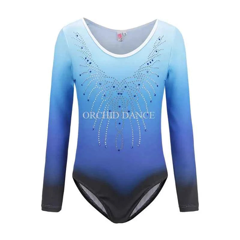 Hot Sale Cheap Kids Girls Child Pink Blue Purple Rhinestones Long Sleeve Leotards Gymnastics for sale