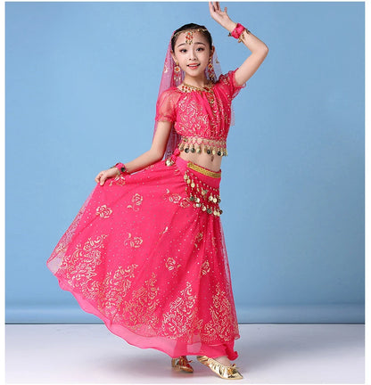 Children Indian Belly Dance Costume Girl Dress Bollywood Belly Dance 4Pcs/Set Performance Kids With Coins Accessories