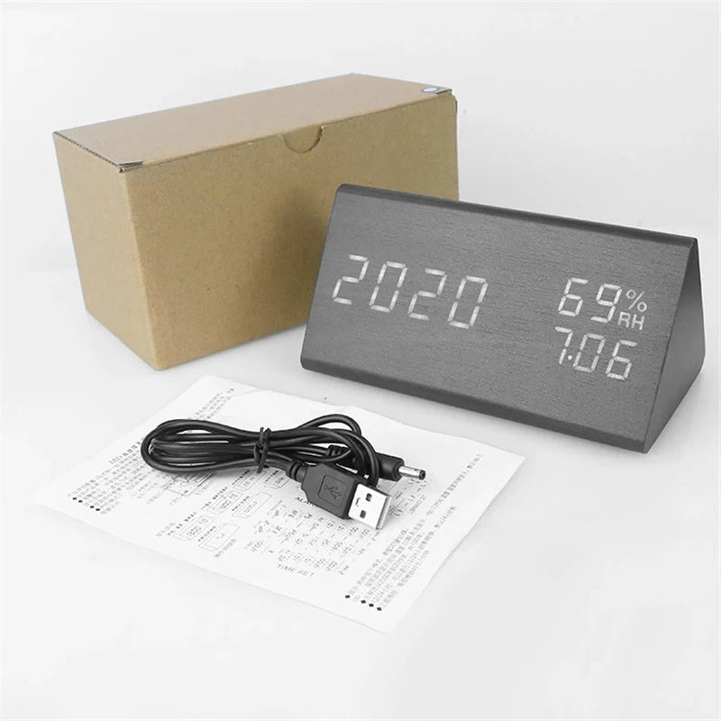 Wooden Alarm Clock Clock LED Time Display USB Charger Humidity and Temperature Detection Digital Alarm Clock For Bedside Table