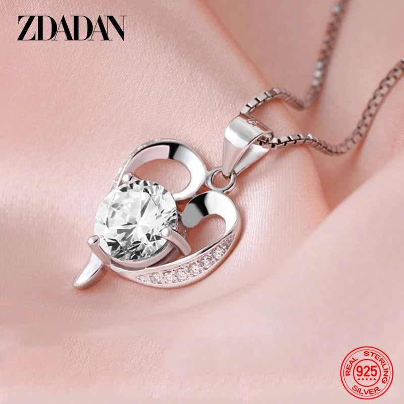 ZDADAN 925 Sterling Silver Heart Crystal Necklace For Women Fashion Jewelry Accessories