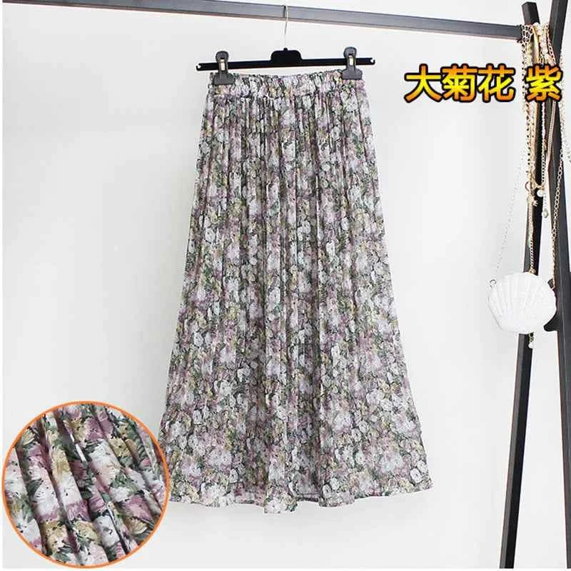 Women Summer Boho Chiffon Long Skirt Elegant Floral Print Pleated Skirts Elastic High Waist Casual Midi Skirt Women Clothes 2021