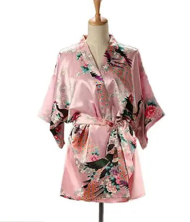 Lace Up Woman Peacock Print Japanese Kimono Yukata Silk Satin Short Style Sleepwear Home Nightgown Bath Robe Costume - AMULET RING STORE