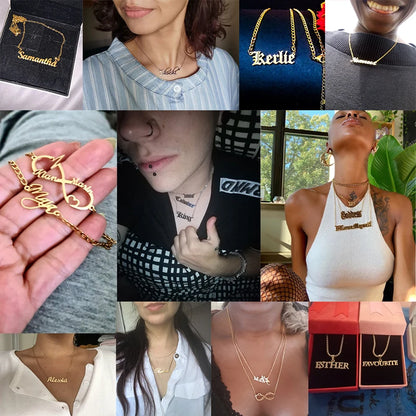 Atoztide Custom Name Necklace Double Layers Zircon Beads Stainless Steel Personalized Pendant Choker for Women Jewelry Gifts