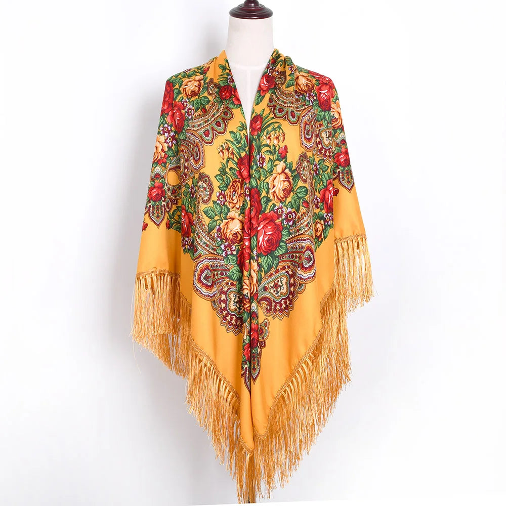 Russian Scarf Head Wrap for Women Luxury Ukrainian Manila Shawls Folk Cotton 160cm National Shawl Floral Print Travel Bandana - AMULET RING STORE