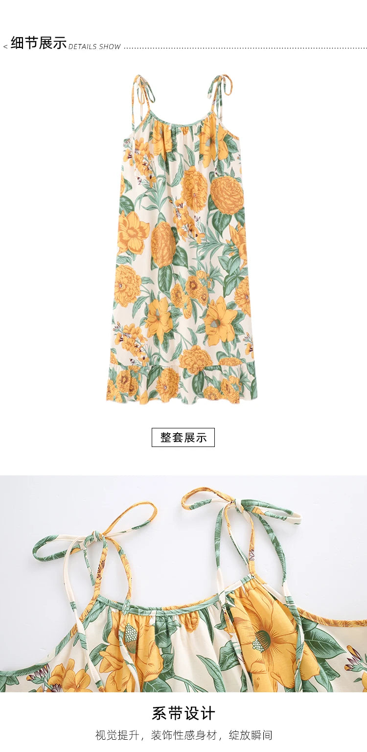 Women Nightgowns Cotton Night Dress Sexy Spaghetti Strap V-Neck Casual Home Dress Night Shirt Floral Print Sleepwear Nightwear - AMULET RING STORE