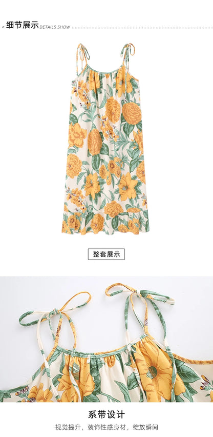 Women Nightgowns Cotton Night Dress Sexy Spaghetti Strap V-Neck Casual Home Dress Night Shirt Floral Print Sleepwear Nightwear - AMULET RING STORE