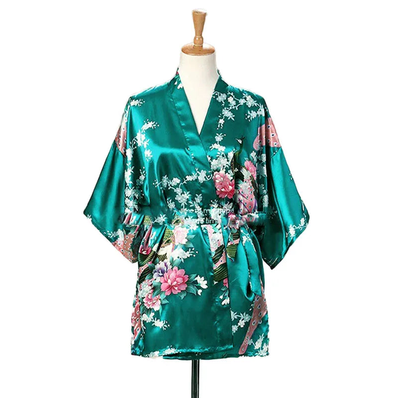 Lace Up Woman Peacock Print Japanese Kimono Yukata Silk Satin Short Style Sleepwear Home Nightgown Bath Robe Costume - AMULET RING STORE