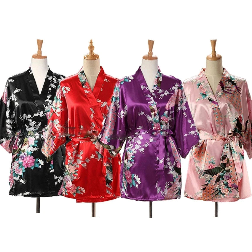 Lace Up Woman Peacock Print Japanese Kimono Yukata Silk Satin Short Style Sleepwear Home Nightgown Bath Robe Costume - AMULET RING STORE