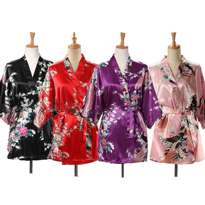 Lace Up Woman Peacock Print Japanese Kimono Yukata Silk Satin Short Style Sleepwear Home Nightgown Bath Robe Costume - AMULET RING STORE