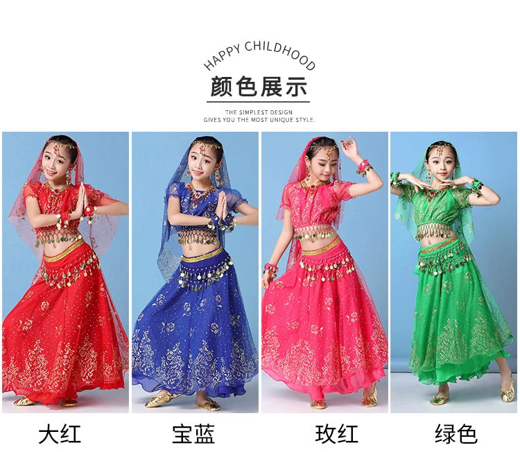 Children Indian Belly Dance Costume Girl Dress Bollywood Belly Dance 4Pcs/Set Performance Kids With Coins Accessories