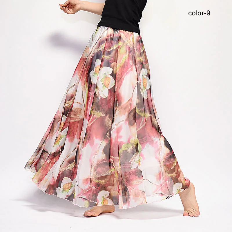 New Fashion 2025 Women's BOHO Elegant Florals Print Chiffon Long Skirt Ladies Slim High-Waist Elastic Waist Pleated Skirts SK15