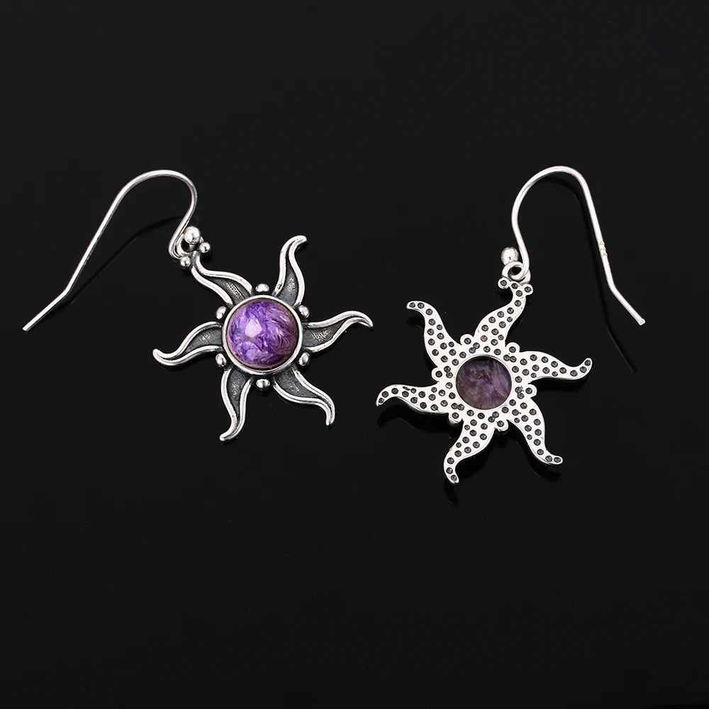 Vintage Boho Natural Charoite Drop Earrings for Women Sunflower Shaped Dangle Earings Statement Party Anniversary Jewelry Gifts