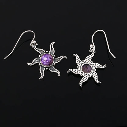 Vintage Boho Natural Charoite Drop Earrings for Women Sunflower Shaped Dangle Earings Statement Party Anniversary Jewelry Gifts