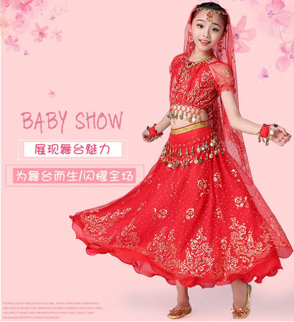 Children Indian Belly Dance Costume Girl Dress Bollywood Belly Dance 4Pcs/Set Performance Kids With Coins Accessories