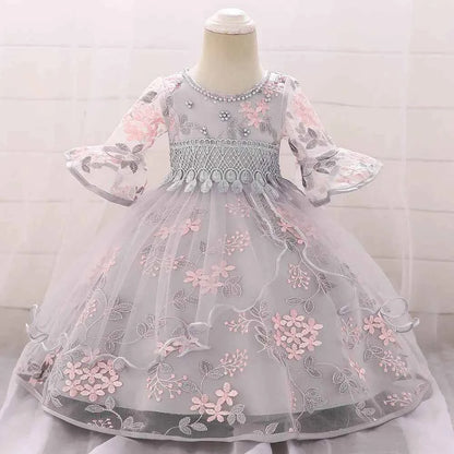 Long Sleeve Flower Baby Girls Dresses Newborn Pink 1st Birthday Tulle Princess Dress For Girl Bridesmaid Wedding Summer Clothing