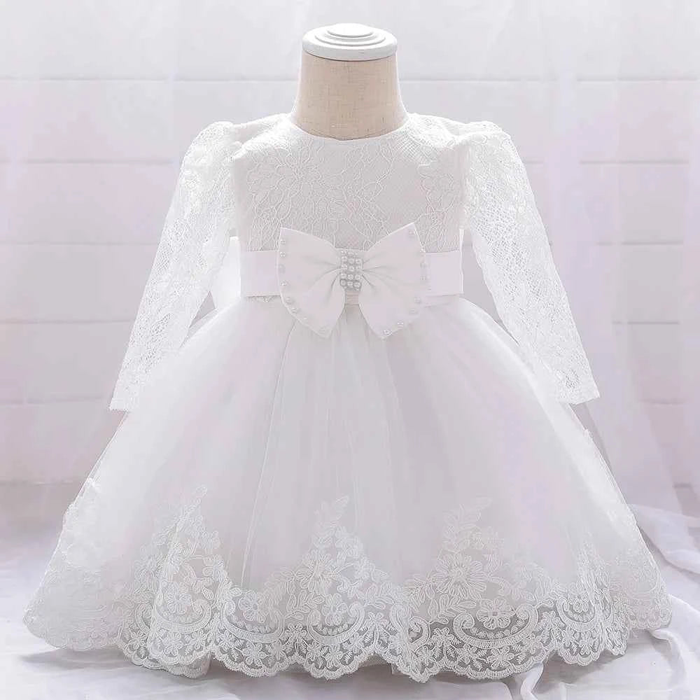 Newborn Long Sleeve Baby Girl Dresses Party Wedding Girl Lace Big Bow Dresses Infant Girl 1st Birthday Princess Baptism Dress