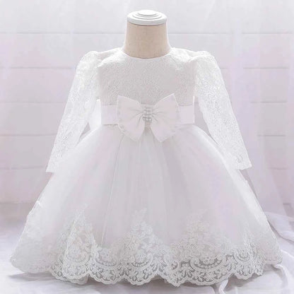 Newborn Long Sleeve Baby Girl Dresses Party Wedding Girl Lace Big Bow Dresses Infant Girl 1st Birthday Princess Baptism Dress
